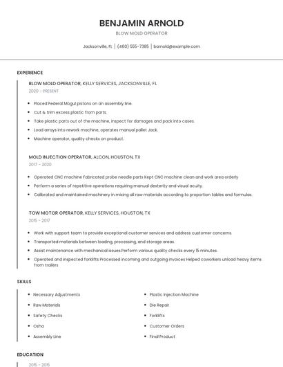 Blow Mold Operator Resume