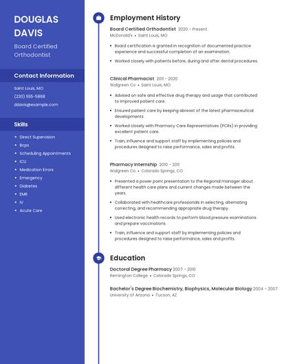 Board Certified Orthodontist Resume