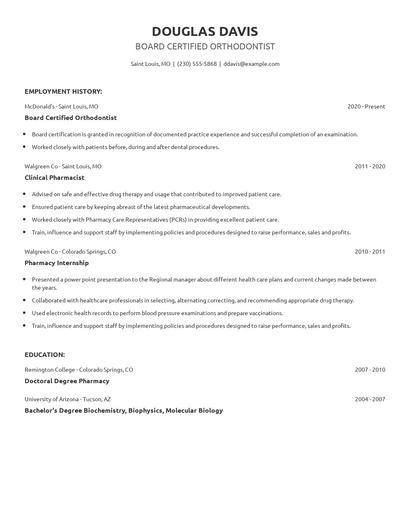 Board Certified Orthodontist Resume