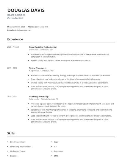 Board Certified Orthodontist Resume