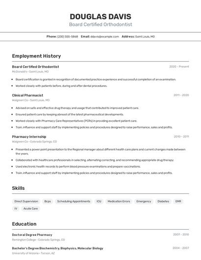 Board Certified Orthodontist Resume