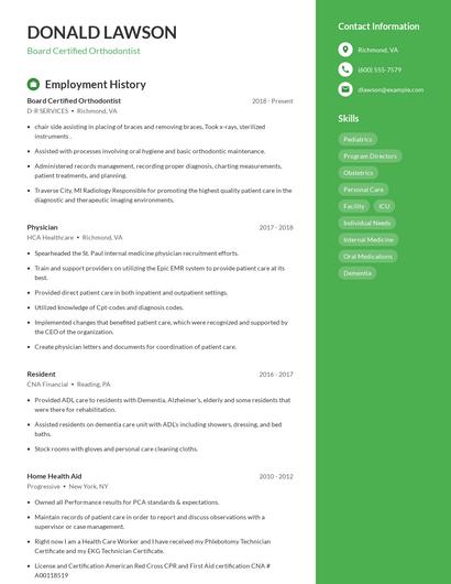 Board Certified Orthodontist Resume