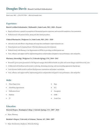 Board Certified Orthodontist Resume