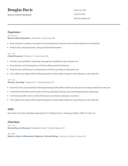 Board Certified Orthodontist Resume