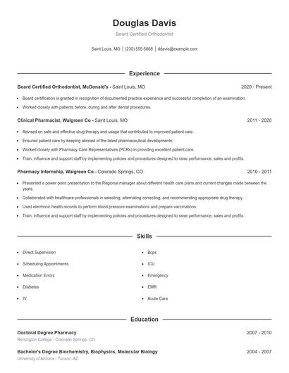 Board Certified Orthodontist Resume