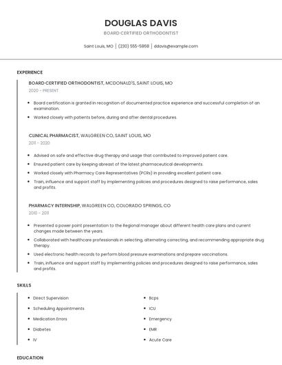 Board Certified Orthodontist Resume