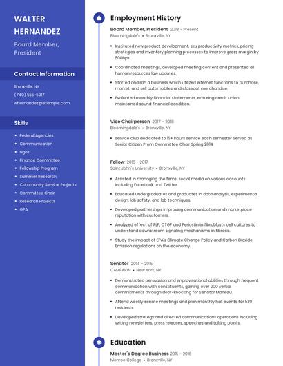 Board Member, President Resume