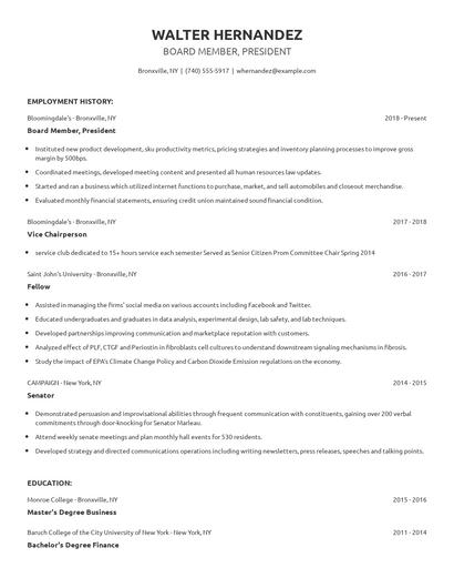 Board Member, President Resume