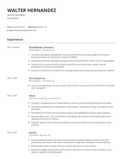 Board Member, President Resume