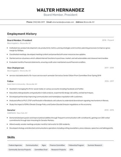 Board Member, President Resume