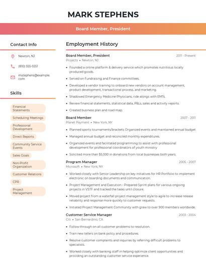 Board Member, President Resume