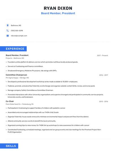 Board Member, President Resume