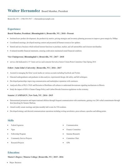 Board Member, President Resume