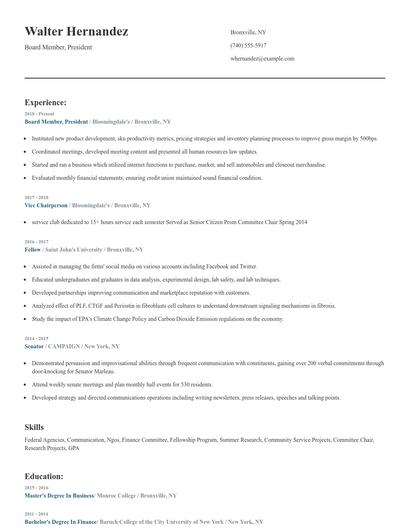 Board Member, President Resume