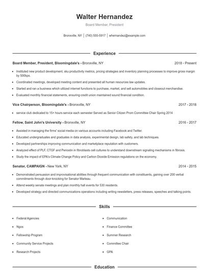 Board Member, President Resume