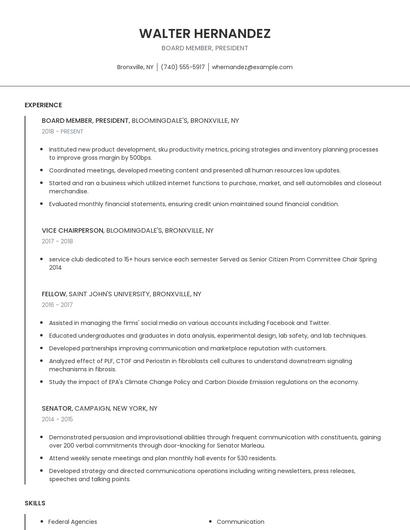 Board Member, President Resume