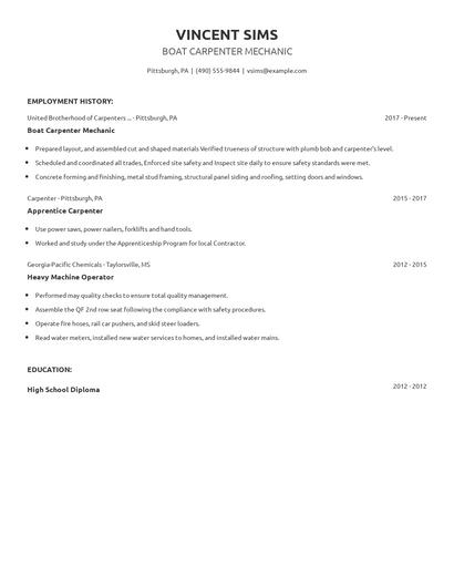 Boat Carpenter Mechanic Resume