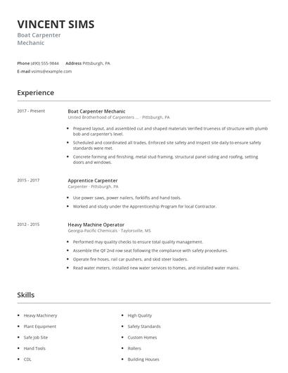 Boat Carpenter Mechanic Resume
