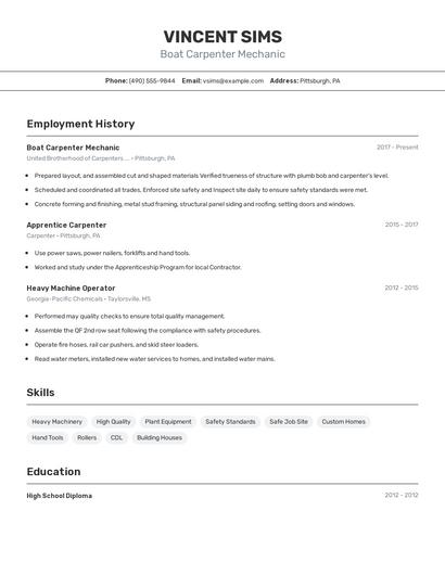 Boat Carpenter Mechanic Resume