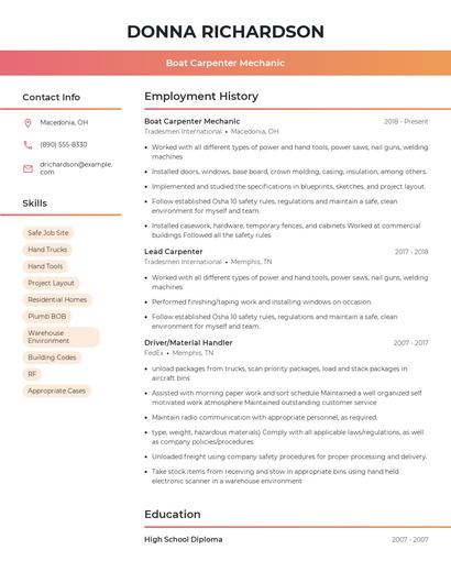Boat Carpenter Mechanic Resume
