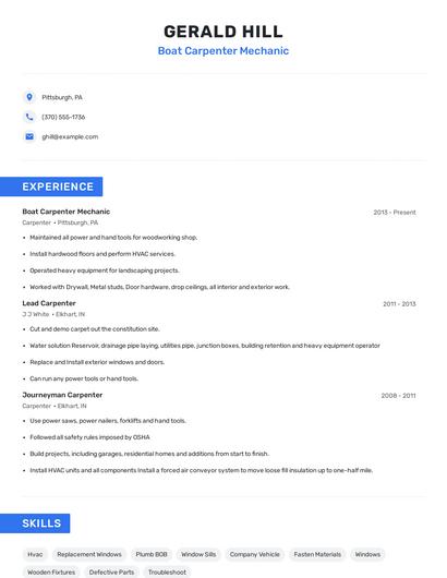 Boat Carpenter Mechanic Resume