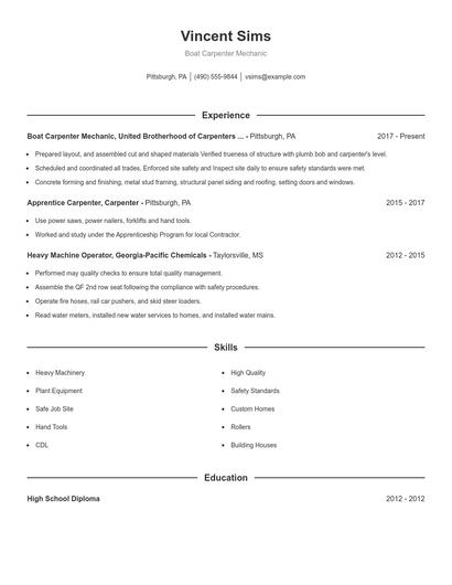 Boat Carpenter Mechanic Resume