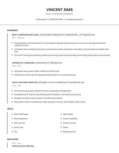 Boat Carpenter Mechanic Resume