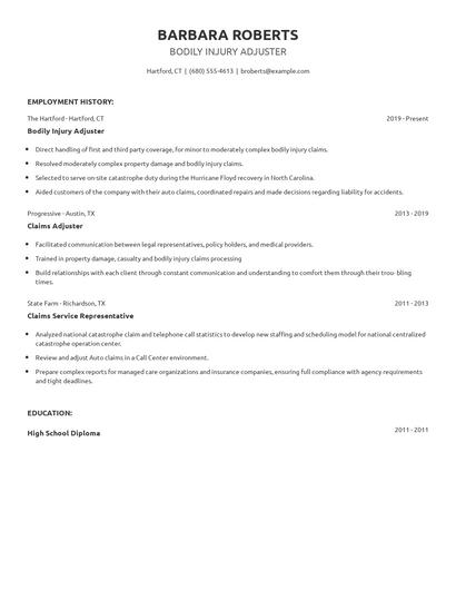 Bodily Injury Adjuster Resume