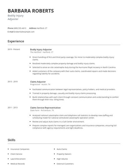 Bodily Injury Adjuster Resume