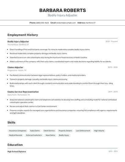 Bodily Injury Adjuster Resume