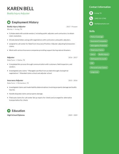Bodily Injury Adjuster Resume