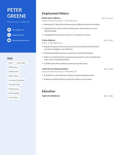 Bodily Injury Adjuster Resume