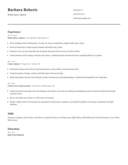 Bodily Injury Adjuster Resume