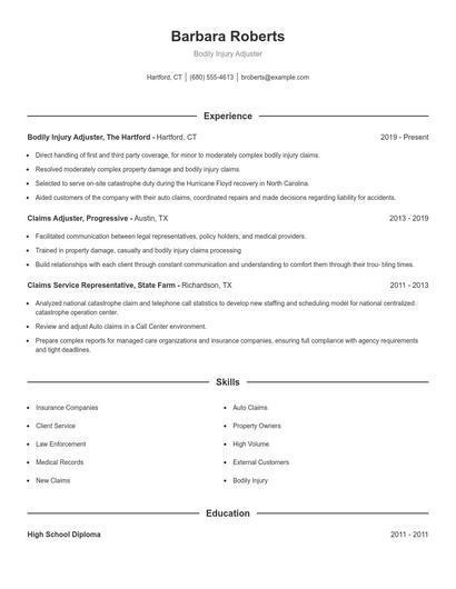Bodily Injury Adjuster Resume