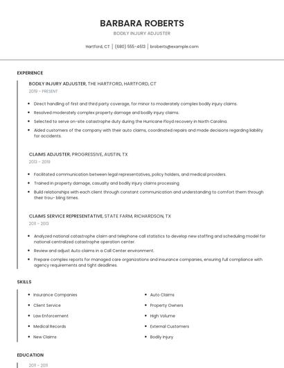 Bodily Injury Adjuster Resume