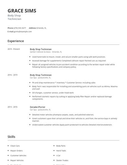Body Shop Technician Resume