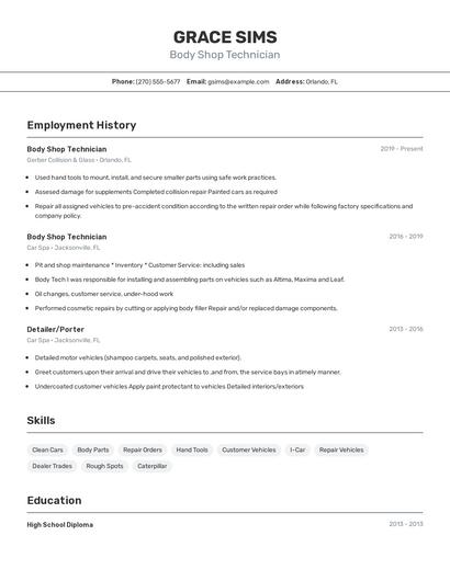 Body Shop Technician Resume