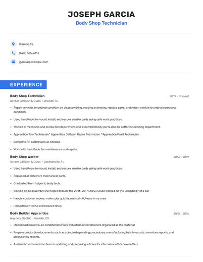 Body Shop Technician Resume