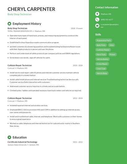 Body Shop Technician Resume