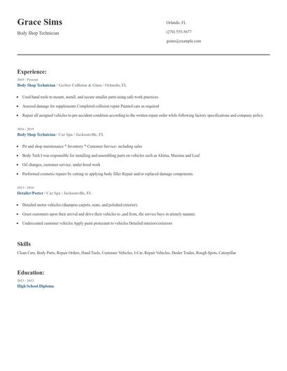 Body Shop Technician Resume