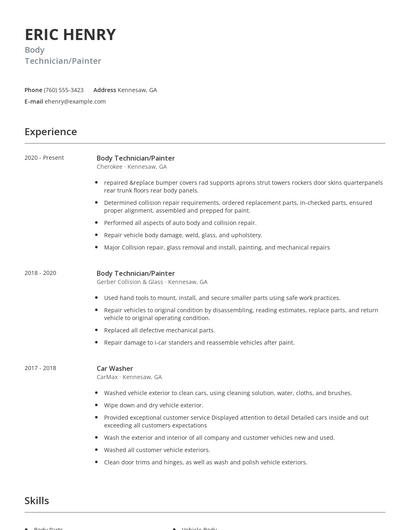 Body Technician/Painter Resume