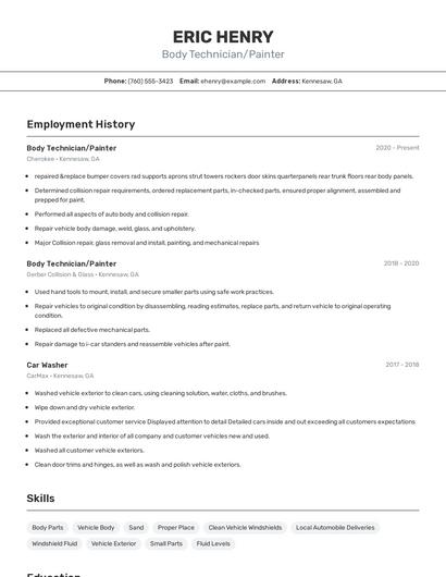 Body Technician/Painter Resume