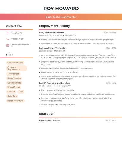 Body Technician/Painter Resume