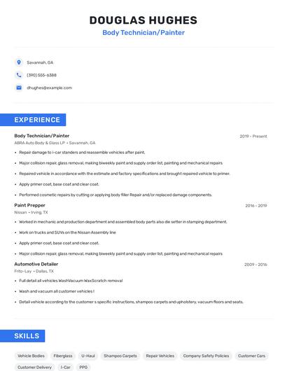 Body Technician/Painter Resume