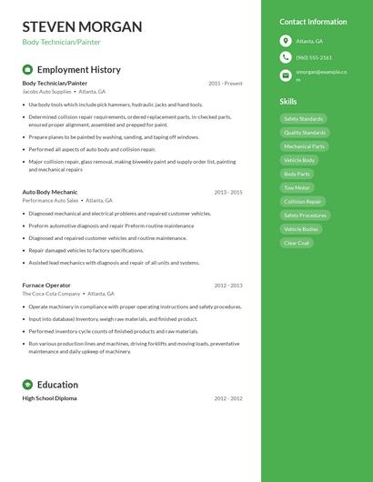 Body Technician/Painter Resume