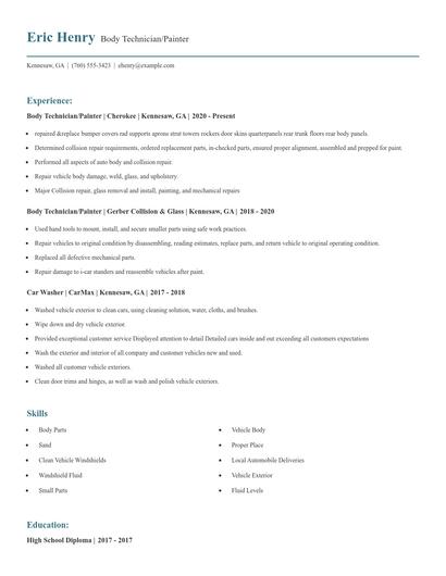 Body Technician/Painter Resume