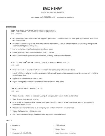 Body Technician/Painter Resume
