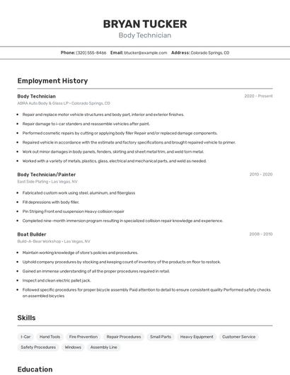 Body Technician Resume
