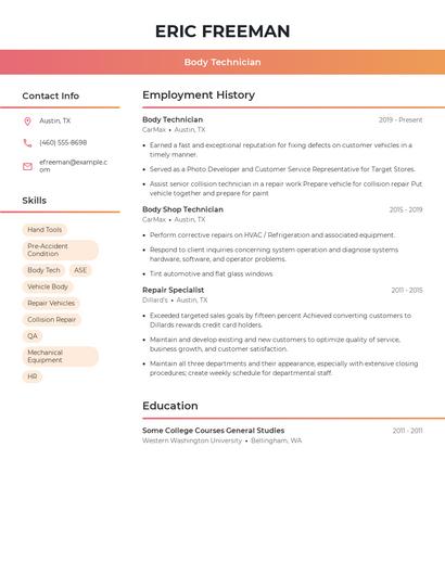 Body Technician Resume