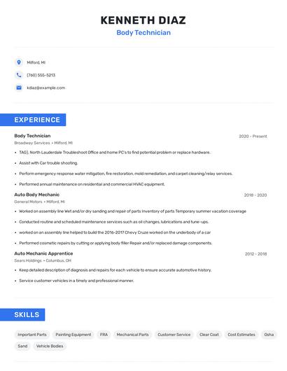 Body Technician Resume
